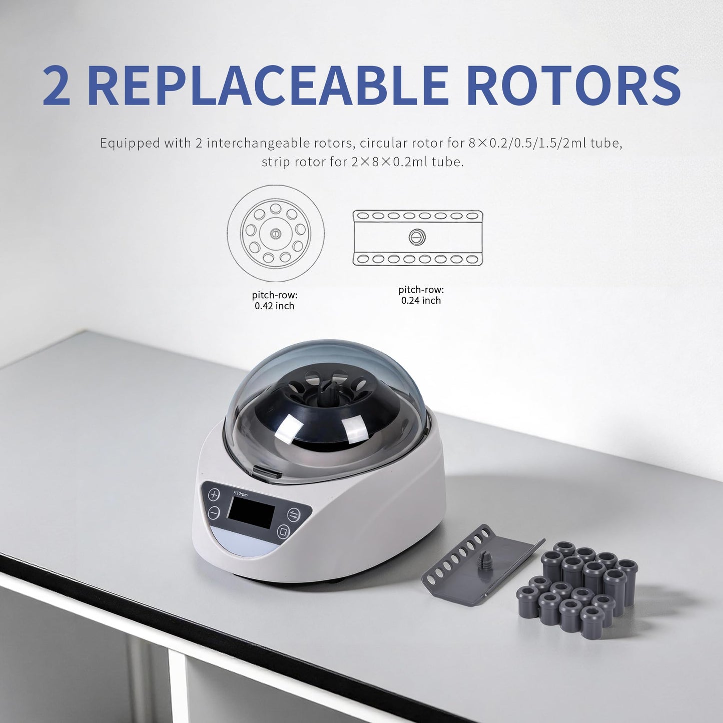 LACHOI Lab Mini Centrifuge Machine LCD Display 100-120000RPM Speed Control 1-99min Timer Max 7245×g RCF Lab Benchtop Centrifuge with 2 Rotors for 8 x 0.2/0.5/1.5/2.0ml & 2×8×0.2mL Strips,100-240V