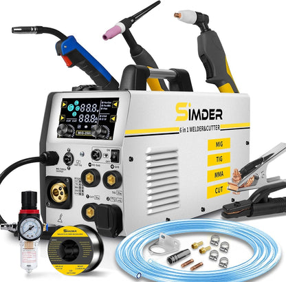 SSimder 6-in-1 MIG Welder & Plasma Cutter 160A Gas MIG/Flux Core/Lift TIG/Stick/Cut Combo 110V 220V 35A Air Cutting for Auto Repair DIY & Small Workshop