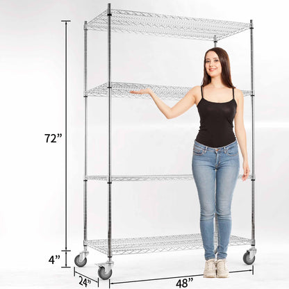 Rolling Shelves With Wheels Storage Rack With Wheels Wire Racks Rolling Wire Shelves on Wheels Stainless Steel Metal Shelving With Wheels for Garage Kitchen Pantry(48"L x 24"W x 76"H 4-Tier) (Chrome)
