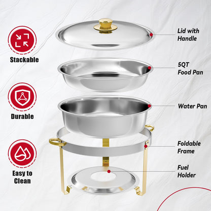 IMACONE Chafing Dish Buffet Set of 4, 5QT Round Stainless Steel Chafer for Catering, Upgraded Chafers and Buffet Warmer Sets w/Food & Water Pan, Lid, Gold Frame, Fuel Holder for Party Wedding Holiday