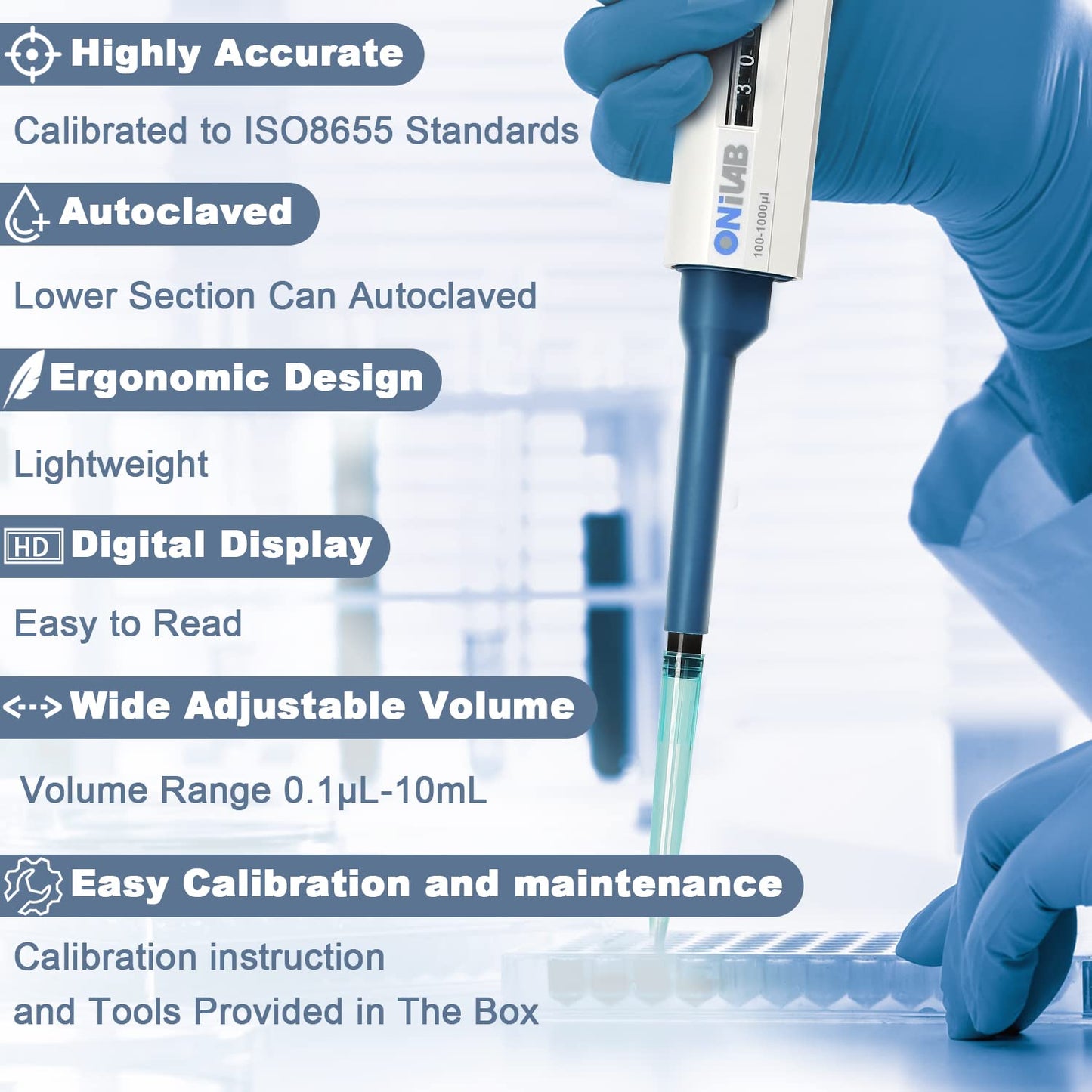 ONiLAB 20-200ul High-Accurate Single-Channel Manual Adjustable Variable Volume Pipettes, Autoclavable, 7010101009