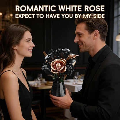 Black Roses Flower Bouquet Building Set with Vase - 255 Pcs Botanical Collection with Rose Gold Accent Artificial Floral Centerpiece Gothic Home Decor Gift for Adults