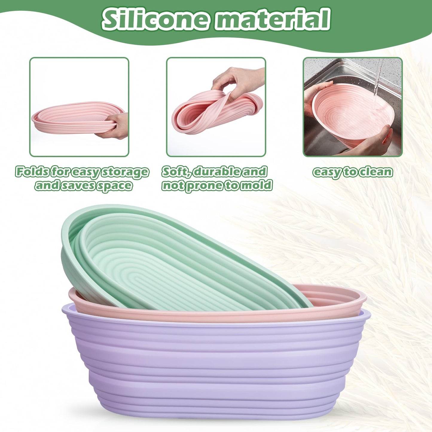 Nuogo 9 Pack Oval Bread Proofing Basket Silicone 10 Inch Collapsible Sourdough Bread Baking Supplies Dough Proofing Bowl with Dough Scraper and Basket Covers for Making Bread