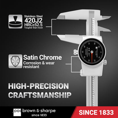 Brown & Sharpe 6" Dial Caliper, 0.001" Resolution, Shockproof Design, Locking Screw, Hardened Stainless Steel Jaws, Zinc-Aluminum Alloy Housing