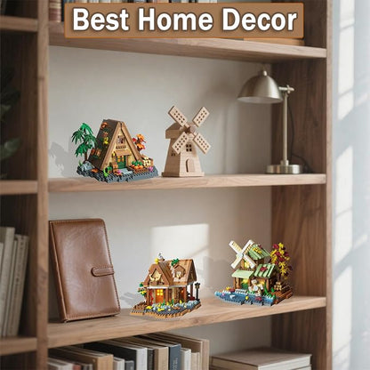 3 Mini Wooden Cabins Micro Building Blocks Toy Set A-Frame House-Mountain Treehouse-Windfall Architecture Kit Compatible with Lego Natural Construction Collection Gift for Adult Teen(2000+PCS)
