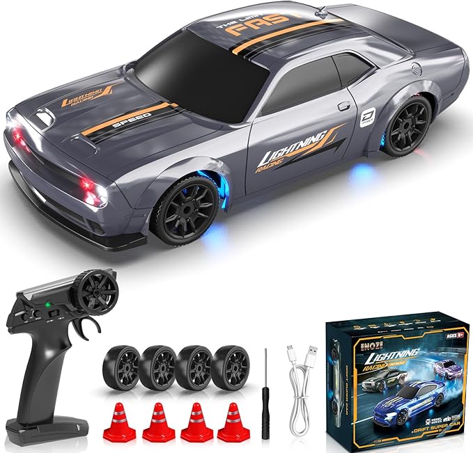 Mini RC Drift Car 1/43 2.4GHz RC Drift Cars with Gyro 4WD Full Proporitonal High Speed Remote Control Car with LED Lights and Drifting Tires Hobby Racing Cars for Adults Kids Boys Sliver