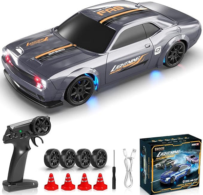 Mini RC Drift Car 1/43 2.4GHz RC Drift Cars with Gyro 4WD Full Proporitonal High Speed Remote Control Car with LED Lights and Drifting Tires Hobby Racing Cars for Adults Kids Boys Sliver