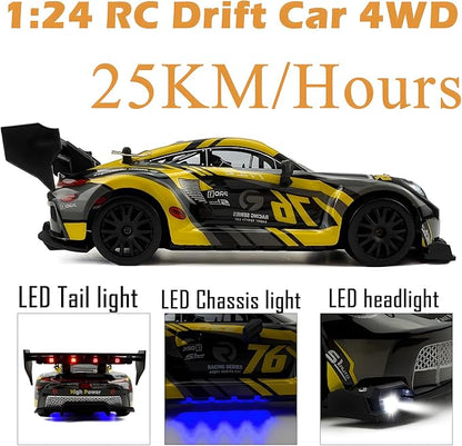 1:24 RC Drift 2.4GHz with LED Light Race Car Toys for Boy Girl 8-12 Years Old Speed Adjustable 25Km/HHigh Speed RC Racing Cars Perfect Toy Gift for Boys &amp Girls (Yellow)