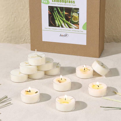 Citronella Tea Light Candles Outdoor, 48 Pack- Extended 4-5h Clear Cup Scented Tealight Candles with Handmade Floral Surface, 100% Natural Palm Wax Tealights Smokeless for Patio, Summer, Indoor