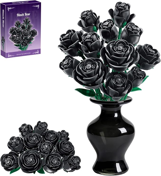 Black Rose Flower Building Blocks Bouquet 12 PCS Gothic Artificial Roses DIY Botanical Set Home Office Decor Gift for Women Adults Teens Valentines Day Mothers Day 512 PCS
