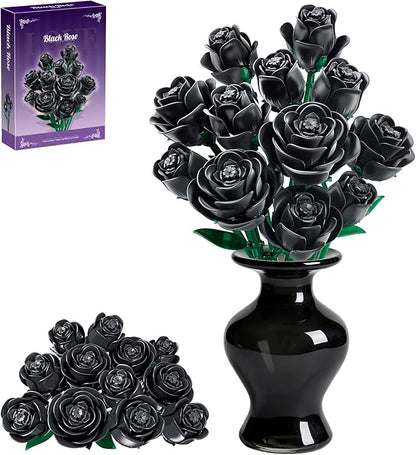Black Rose Flower Building Blocks Bouquet 12 PCS Gothic Artificial Roses DIY Botanical Set Home Office Decor Gift for Women Adults Teens Valentines Day Mothers Day 512 PCS