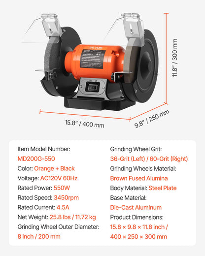 VEVOR Bench Grinder, 8-inch Single Speed, 3450RPM High-Speed Table Grinders with 550W 4.5A 3/4Hp Induction Motor, 36/60-Grit Grinding Wheel & Adjustable Eye Shield for Fast Sharpening Grinding