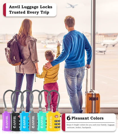 ANVIL TSA Locks for Luggage – TSA Approved Cable Travel Lock with Zinc Alloy Body, 3-Digit Combination Lock for Suitcases, Backpacks, Gun Cases, Zippers (4 Colours)