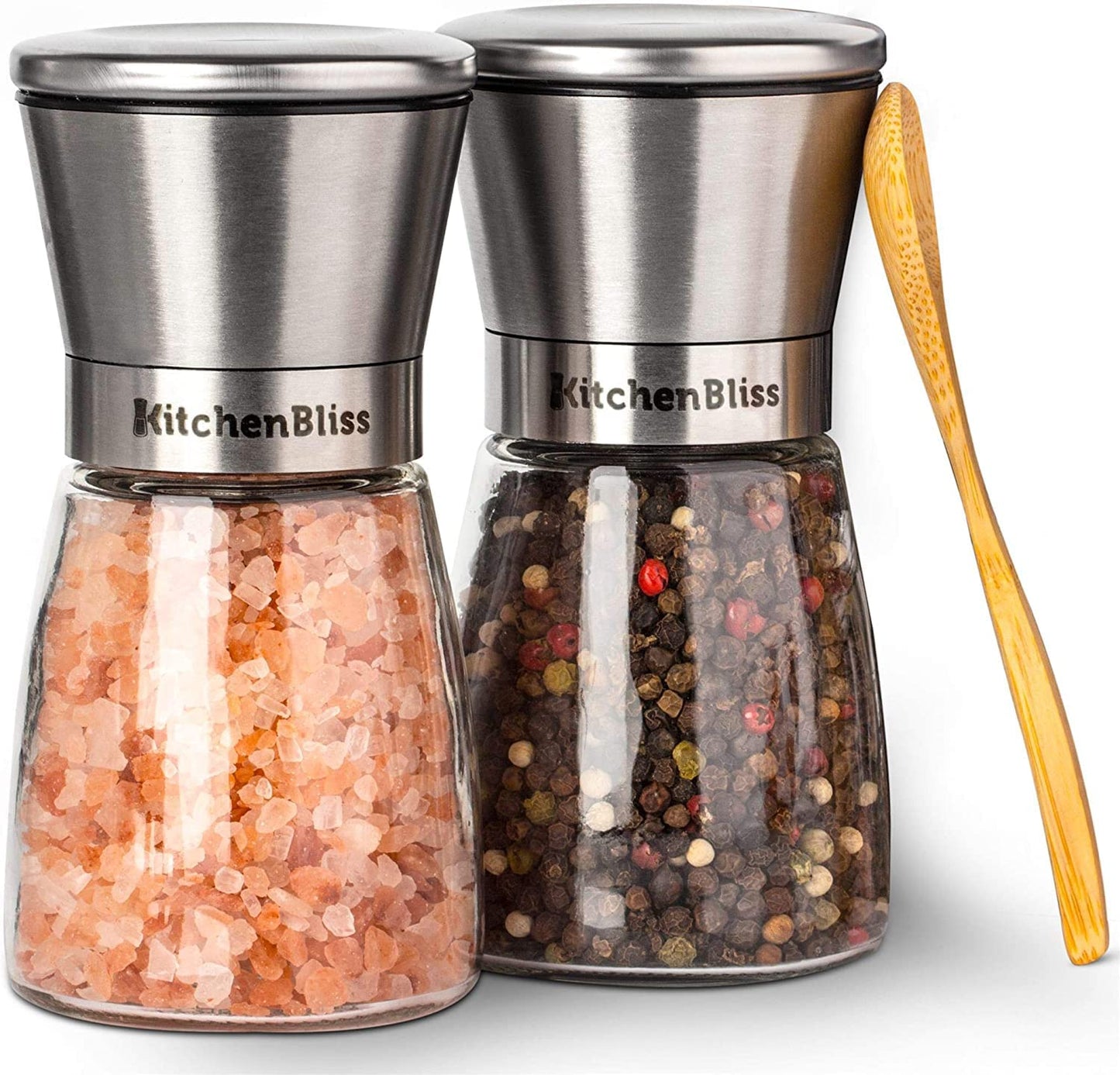 Kitchen Bliss Premium Copper Stainless Steel Salt and Pepper Grinder Set - Short Glass Shakers - Adjustable Coarseness Mills - Refillable with Himalayan Salt, Black Peppercorn - Set of 2