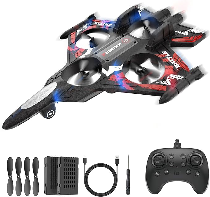 BEZGAR RC Plane | 2.4GHZ Remote Control Airplane Mini Stunt Plane Helicopter 360° Flip Fighter Jet Toy with Colorful LED Navigation Lights Red Toys for ages 8-13