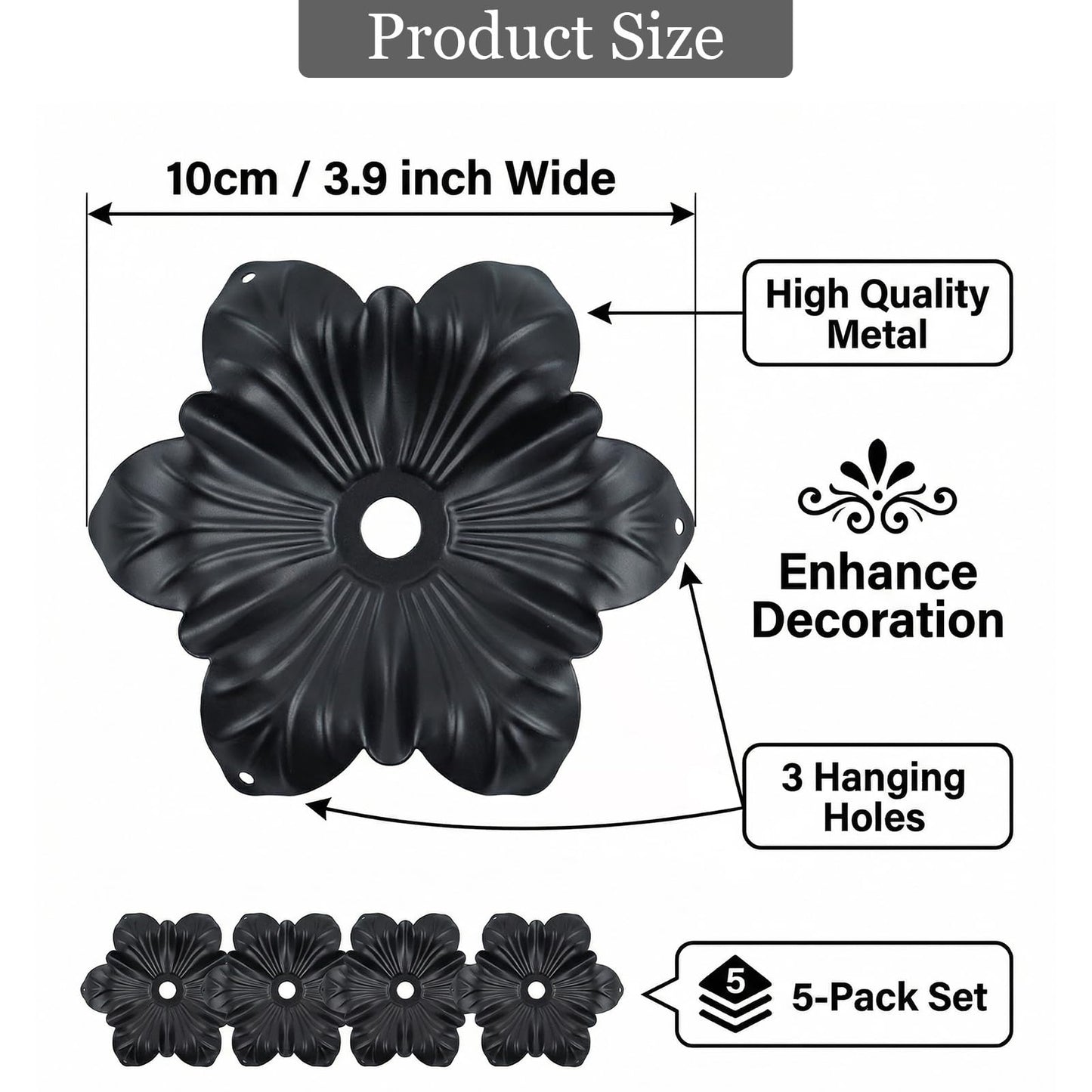 5 Pcs Metal Flower Candle Holder Leaves, 4.3 Inch Metal Candle Stand Accessories with 3 Hanging Holes for Crystal Pendants, Suitable for Candlesticks and Candelabra (Black, 3.9"-5pcs)