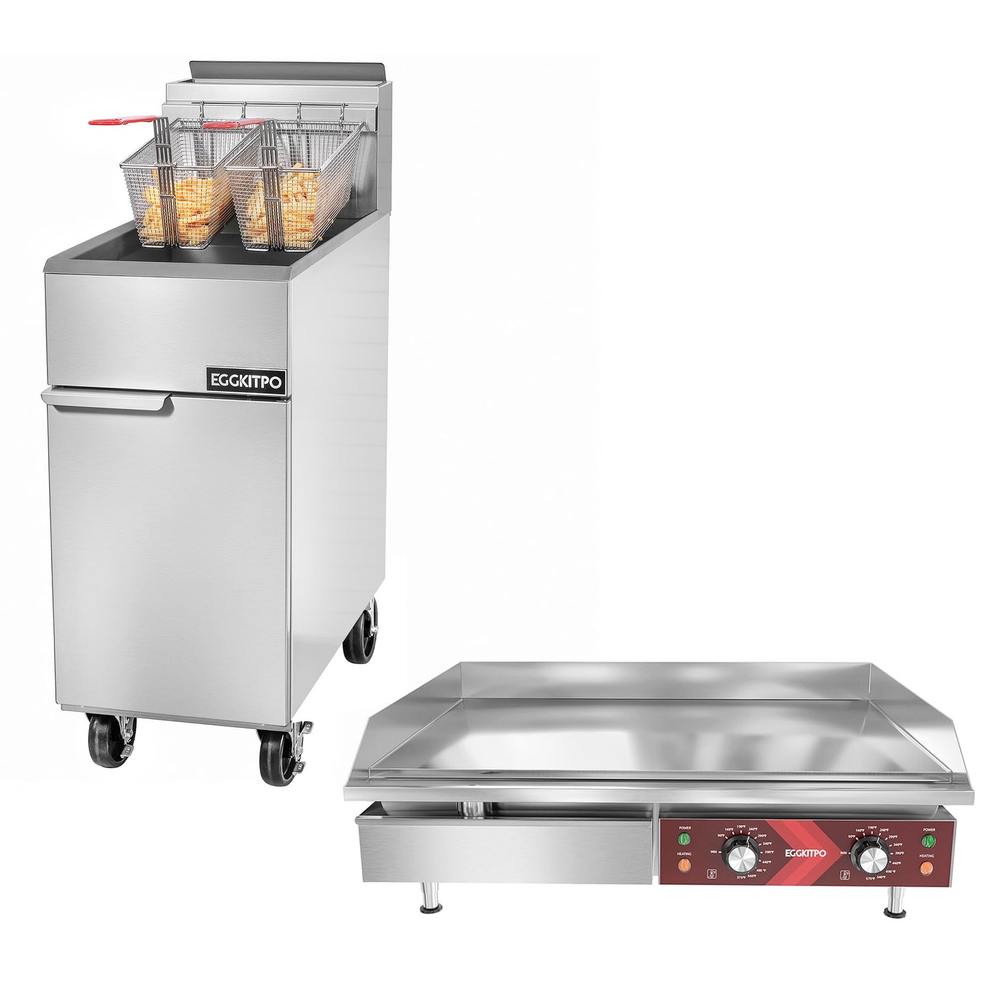 EGGKITPO ECF4-NG 50LB 120,000 BTU Natural Gas Fryer and 29 Inch Large Countertop Griddle Commercial Electric Griddle (120v 3500w)