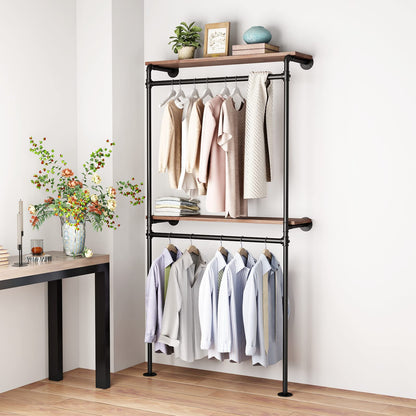 DR.IRON Industrial Pipe Clothing Racks with 2 Tier Shelves, Wall Mounted Black Clothes Rack with Double Hanging Rods Heavy Duty Garment Storage Rack Display Racks Rod for Clothes,Laundry Room