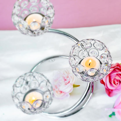 KEHAIL Metal Crystal Candle Holder Set of 2 - Elegant 3-Arm Metal Tea Light Centerpiece with Shining Crystal Bowl, Wedding Anniversary Table Decor for Dining, Party (Silver, 2 Pcs 3 Arm)