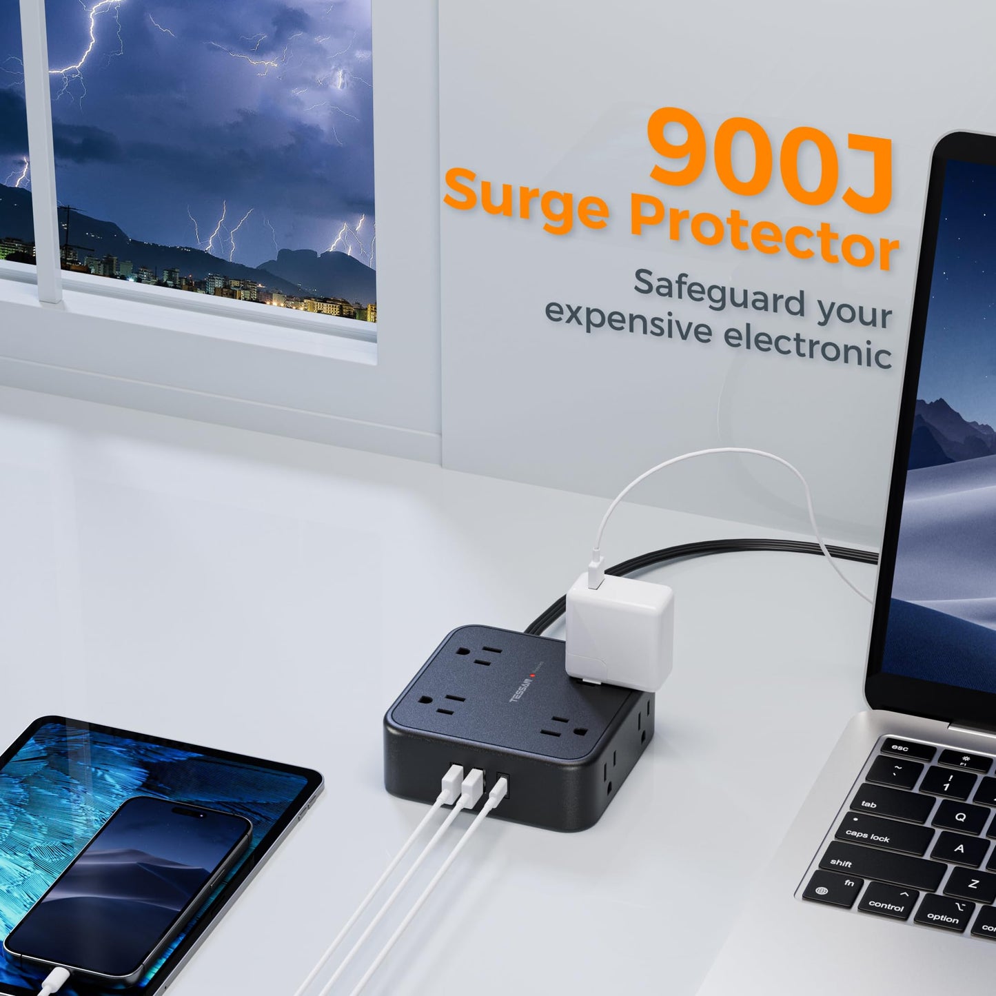 TESSAN Surge Protector Power Strip, 5 Ft Flat Plug Extension Cord with 3 USB (1 USB C) 8 Outlets, 900J Surge Protection, 3 Sided Outlet Extender with Power Switch for Office, Dorm Room Essentials