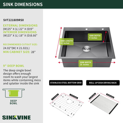 Drop-In Deep Laundry Sink 25 x 22 inch Black, SINKVINE Single Bowl Nano Stainless Steel Kitchen Sink for Outdoor and Indoor Top Mount, with Drain Strainer, Bottom Grid, Roll-up Drying Unit, Dark Gray