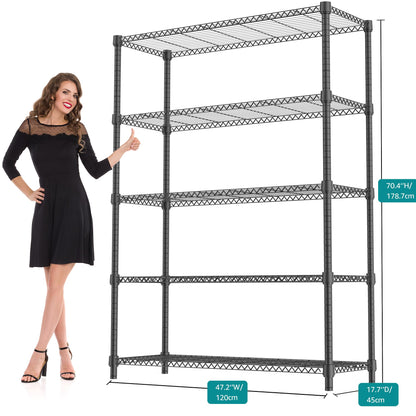 M MZG 1750LBS 47.2" W 5 Tiers Shelf Steel Storage Shelves Shelving Unit Steel Organizer Wire Rack for Home,Kitchen,Office,Garage Black 17.7" D x 47.2" W x 72.4" H