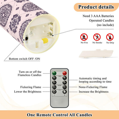 Gravopti Mandala Tile 2 Pack Flameless LED Pillar Candles with Remote & Timer, Battery Operated, Flickering Wax Candle for Wedding, Romantic Home & Party Decor