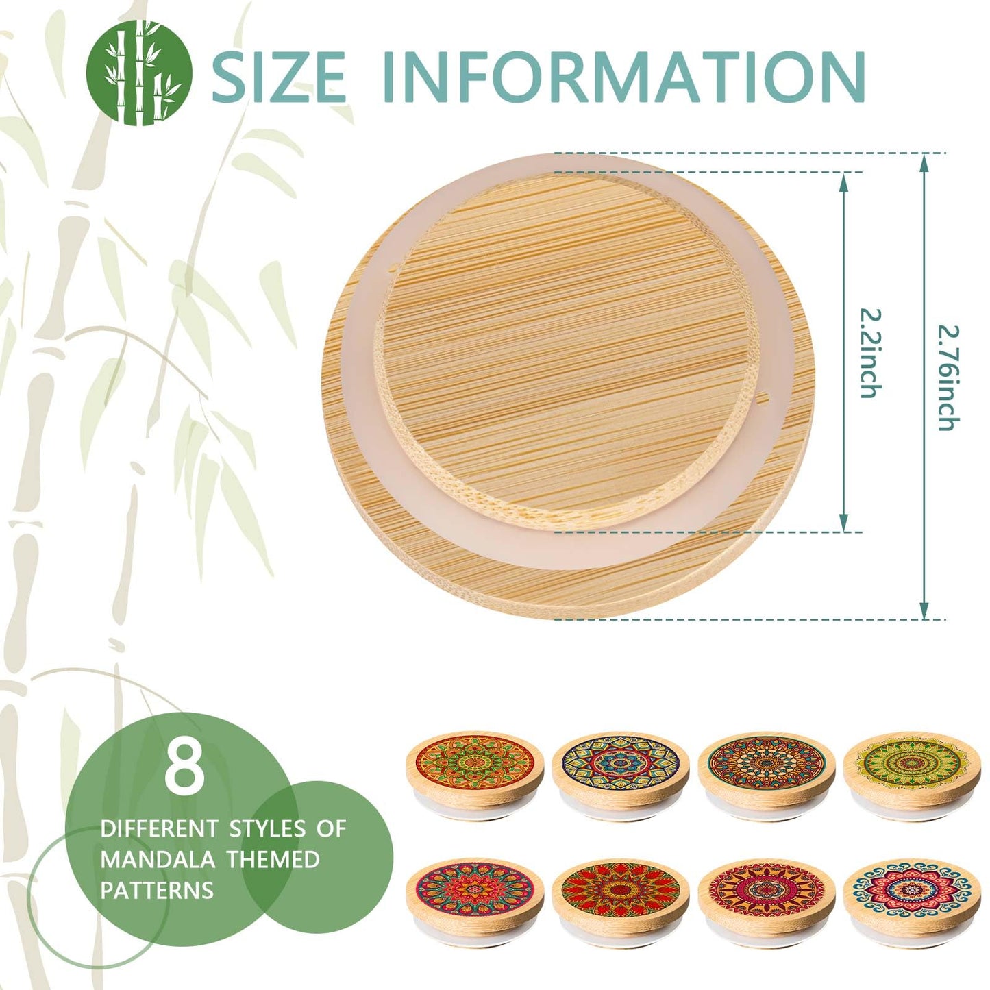 Beeveer 8 Pcs Mason Jar Lids for Regular Mouth Bamboo Mandala Decorative Storage Yogurt Jar Lids 2.76 Inch with Airtight Silicone Sealing Rings Reusable for Round Canning
