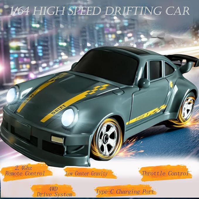 Mini RC Drift Car 1/64 RC Remote Control Car High Speed 2.4GHz Full Proportional RTR Micro Sports Racing Drift 4WD HobbyFast Race Vehicle with Lights Model Toys Gift for Kids Boys Adults