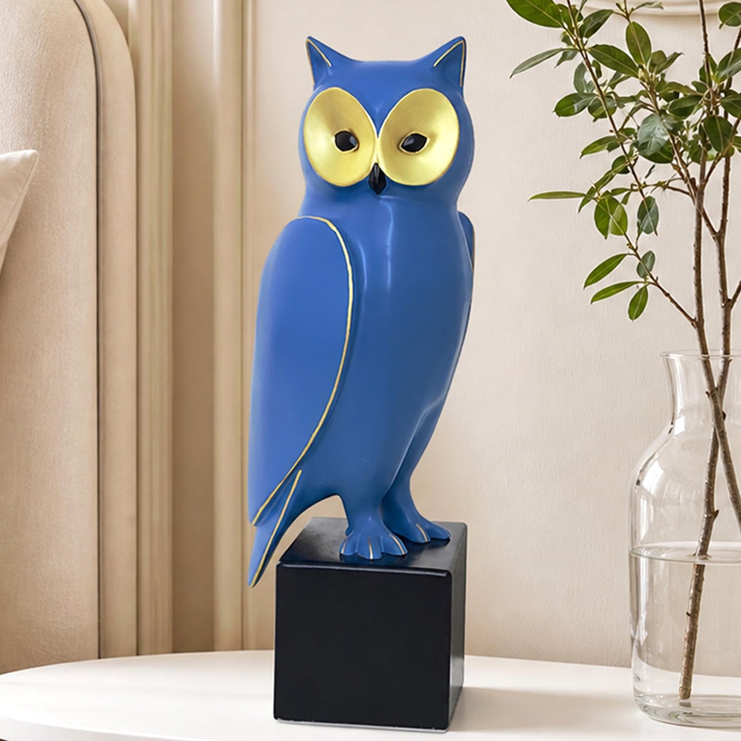 Royal Blue Resin Owl Statue – Mid-Century Modern Owl Sculpture – Retro-Style Abstract Art Home Decor – Freestanding Ornament for Living Room, Bookshelf, or Mantel – 15.7-Inch Resin Owl Sculpture