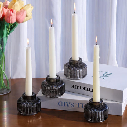 Woho Smoky Grey Candlestick Holders Set of 4 for Votives/Tea Lights, Ribbed Glass Taper Candle Holders for Table Centerpiece, Reversible Candle Sticks Holder Decor for Daily Home Decor