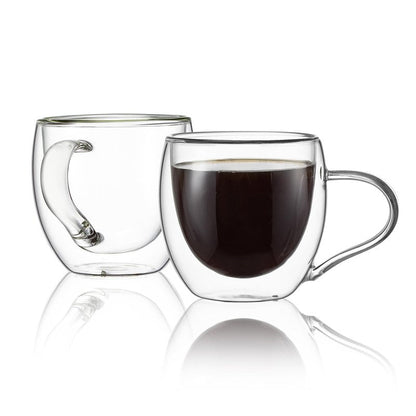 CNGLASS Double Wall Glass Coffee Mugs with Handle,10oz Clear Insulated Glass Espresso Cups for Hot and Cold Beverages,Latte,Cappuccino,Set of 2