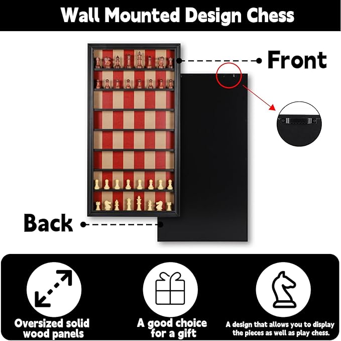 Giant Wall Mounted Board Game Wooden Chess Game Set with A Complete Set of Carved Chess Pieces Vertical Display Cabinet for Home Games Hanging Art Home Decoration (Black)