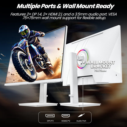 CRUA 27" Gaming Monitor, 144Hz 4K UHD(3840*2160P) IPS Screen, Supports Height/Pivot/Rotating/Tilt Adjustable Vertical Monitor, AMD Freesync, 120% sRGB, Built-in Speakers, Wall Mountable Installs-White