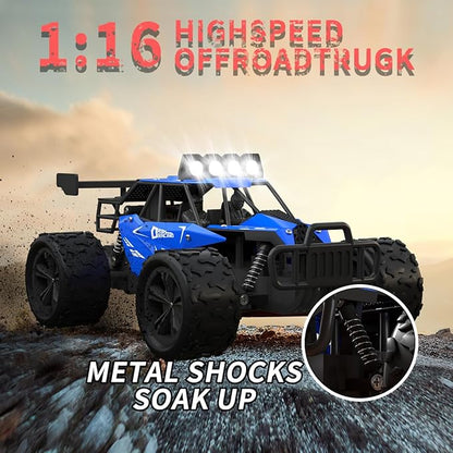 Remote Control Car Monster Truck Toys 1:16 Scale RC Car For Boys 2.4GHz High Speed 20 km/h With LED HeadlightsRechargeable RC Cars Gifts for Boys 4-7 8-12 Christmas Beginner Kids 6-12+(Blue)