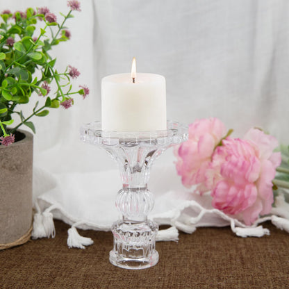 Sudifor 12 Pack Glass Candlestick Holders- Clear Taper Stripe Candle Holders for Candlesticks, 4" H Taper Candle Holders Small Centerpiece for Wedding, Festival, Party & Windowsill Decor