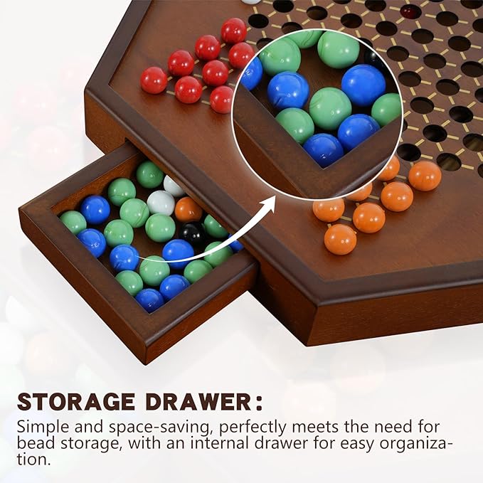 15 Large Upgraded Wooden Chinese Checkers Game Board – Premium 16mm Glass Marbles (60 + 12 Extras) Easy Grip Storage Drawer Ideal Multi-Player Puzzle Game for 2-6 Players