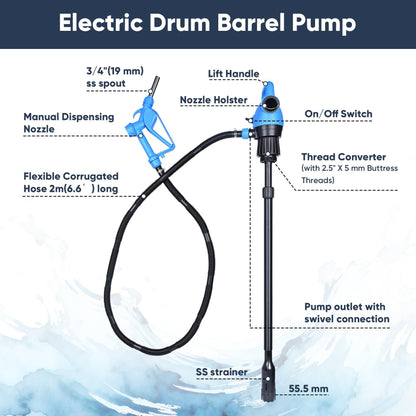 Electric Drum Barrel Pump, 110V-240V AC/ 12V DC Power, 55 Gallon Electric Transfer Pumps with 2-Inch Bung Adapter, 5 GPM Flow Rate, Suitable for DEF, Diesel, Water, Antifreeze