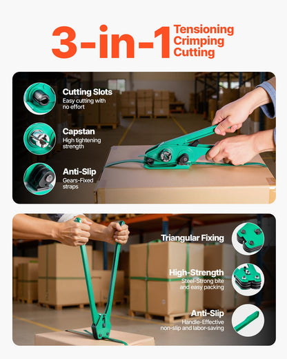 VEVOR Banding Strapping Kit, Heavy Duty Banding Sealer Tool with 1500 ft PET Band, 450 Metal Seals, 150 Corner Protectors & Gloves, Plastic Pallet Packaging Strapping Kit for Warehouse/Shipping/Moving