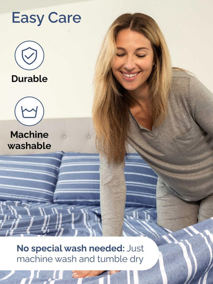 Skiennix Extra Deep King Sheet Set - 6 Piece Cooling Bedding - Soft, Wrinkle-Free Blue Stripes