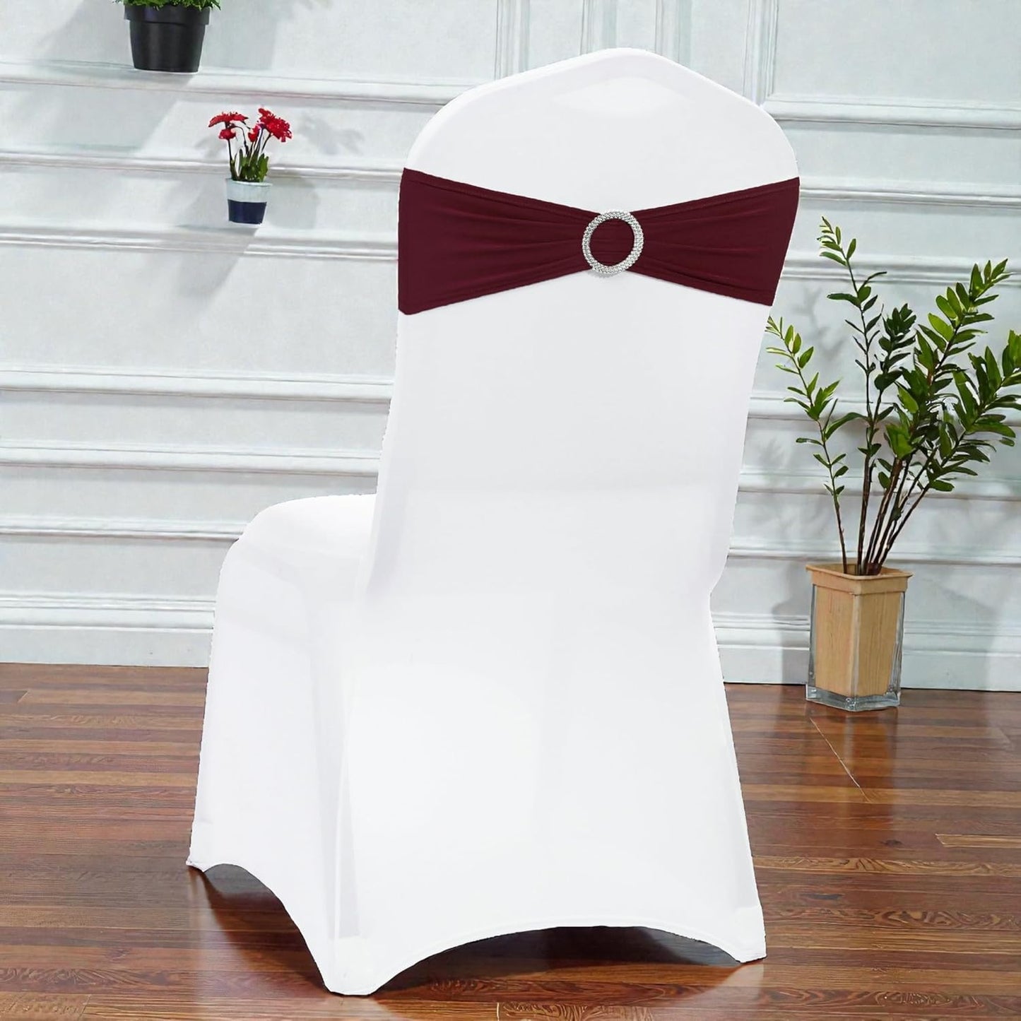 MDS Spandex Chair Sashes - Pack of 250 Universal Stretch Bows with Buckle Slider for Wedding Decor - Burgundy