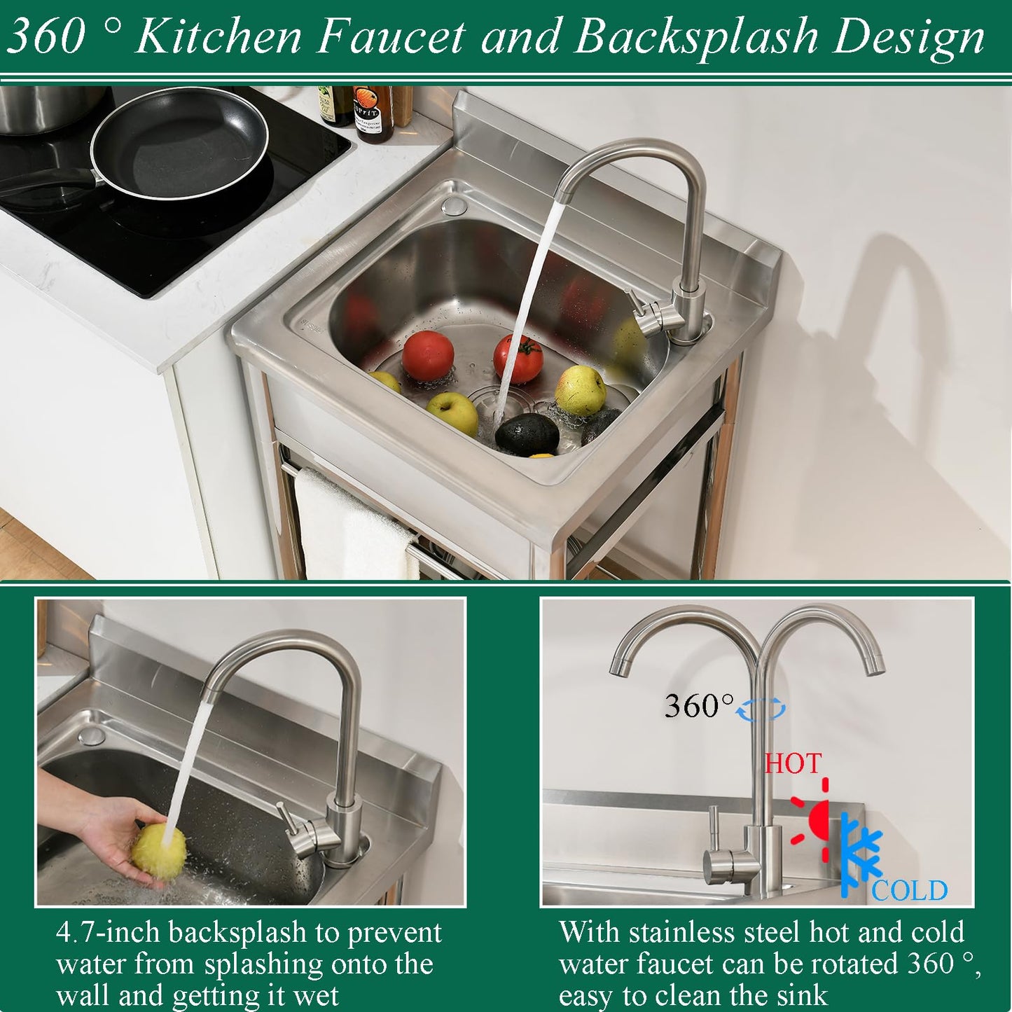 Bokaiya Stainless Steel Utility Sink, Free Standing Small Stainless Steel Sink with Faucet Laundry Room Sink 16 Gauge Single Bowl Outdoor Commercial Garage Sink (19"D x 23"W x 38"H)