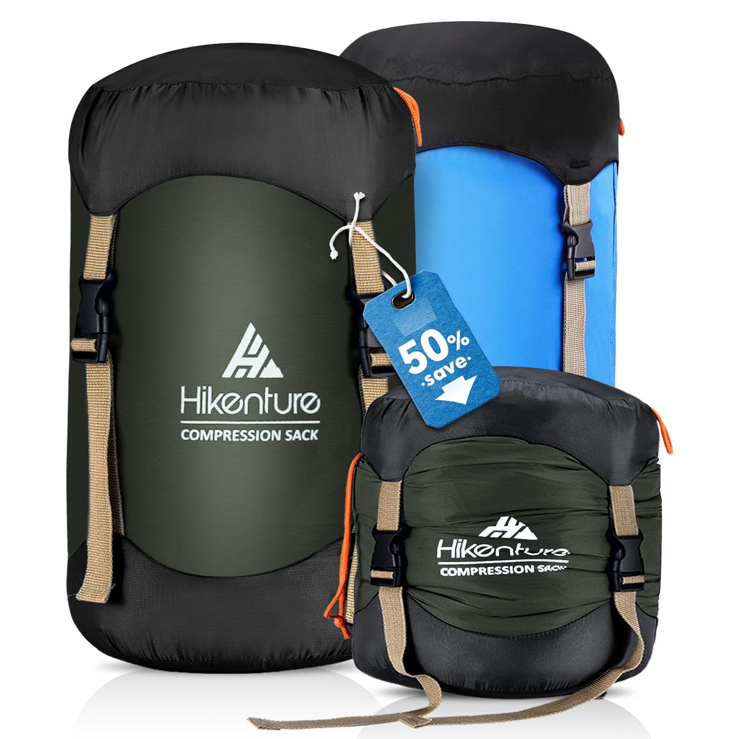 Hikenture Compression Sack for Sleeping Bag, Upgrade Anti-Tear Nylon Sleeping Bag Stuff Sack, 10L/14L/20L/30L Water-Resistant Compression Bag, Storage Bag (Dark Green, 14L)
