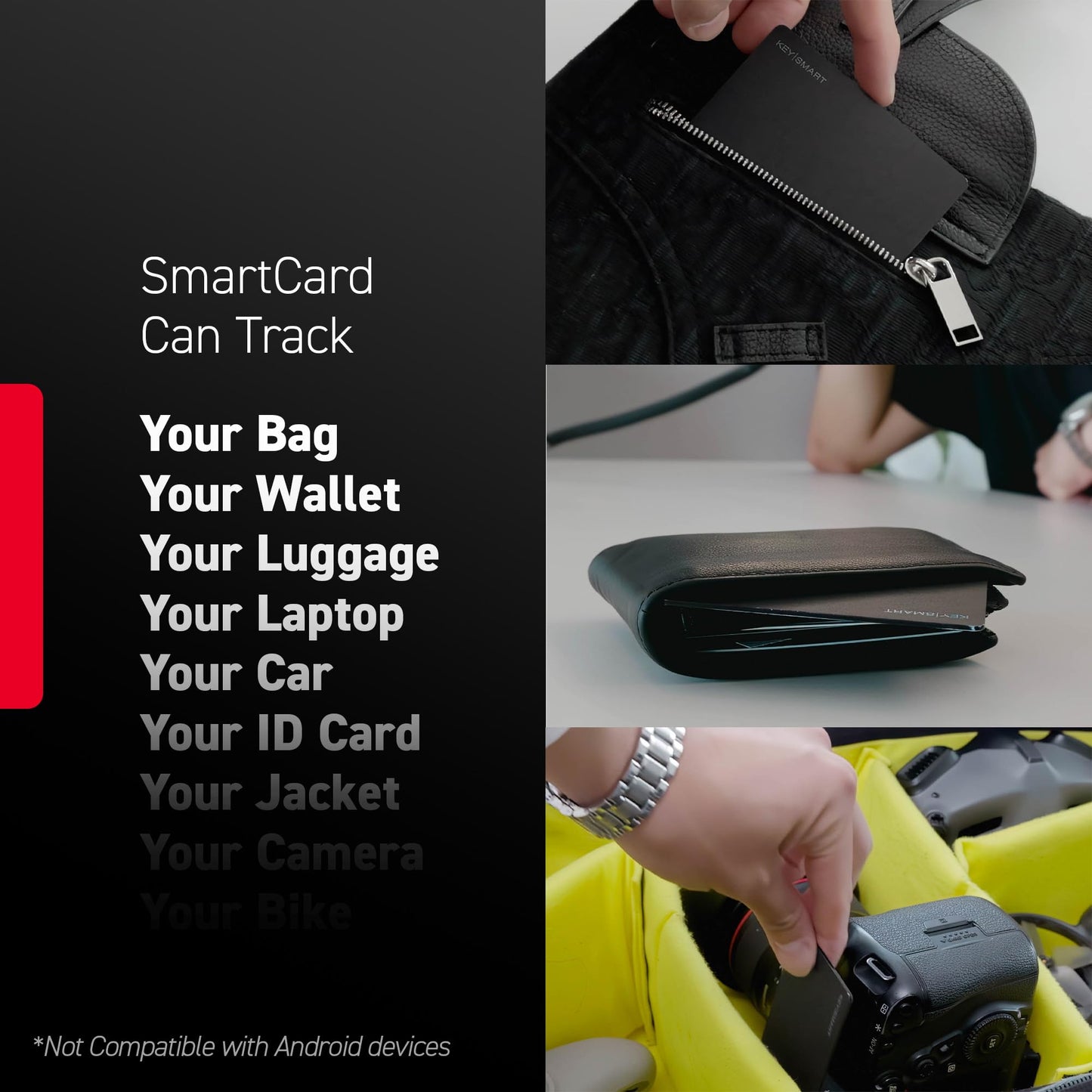 KeySmart MFI-Certified SmartCard Wallet Tracker Card, Compatible with Apple Find My App, Rechargeable Thin GPS Item Finder for Luggage Tag, Smart Bluetooth Tracking with Key Chain Hole Black, 1 Pack