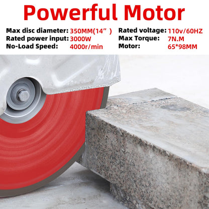 Electric 14 in Circular Saw Cutter with 4.8 in Cutting Depth, Wet/Dry Disk Saw Cutter Includes Water Line, Pump and Blade, for Stone, Brick, Porcelain, Concrete, 3500w cutting machine