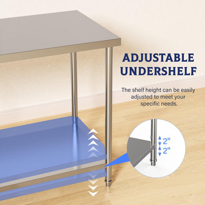 Garvee Stainless Steel Table, 60" x 24" NSF 2 Tier Prep Table with Adjustable Foot & Under Shelf, Heavy Duty Commercial Worktable for Restaurant, Home, Kitchen, Indoor, Outdoor