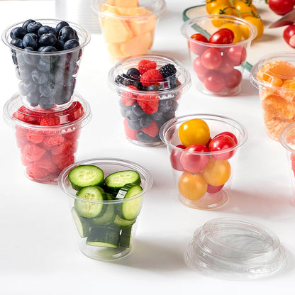 Jycnolm 100 Pack 9 oz Plastic Dessert Cups with Lids, Small Plastic Yogurt Parfait Cups, Mini Round Party Serving Cup for Pudding, Fruit, Cake, Appetizer, Dessert Shot Glasses