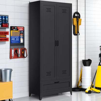 YITAHOME 71" Metal Garage Broom Cabinets with Adjustable Shelves, Vacuum Storage Cabinet with Doors and Drawer, Tool Storage Cabinet for Gym, Basement, Warehouse, Black