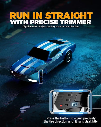 1/64 Scale Drift RC Car2.4Ghz Mini Sports CarEquipped with LED Lights and Mustang Retro Cars with Built-in GyroscopeProfessional Rear Wheel Drive30 Minute Driving Time (Black)