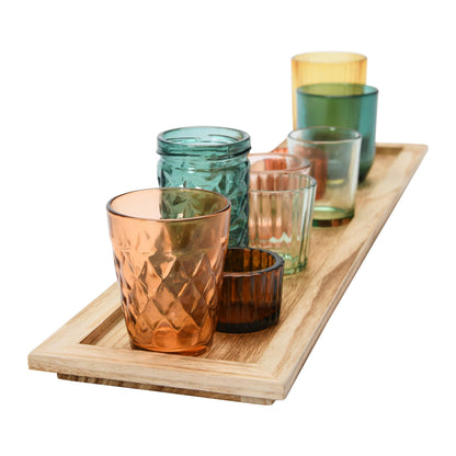 Creative Co-Op Round Glass Votive Holders on Wood Tray, Yellows & Greens, Set of 9